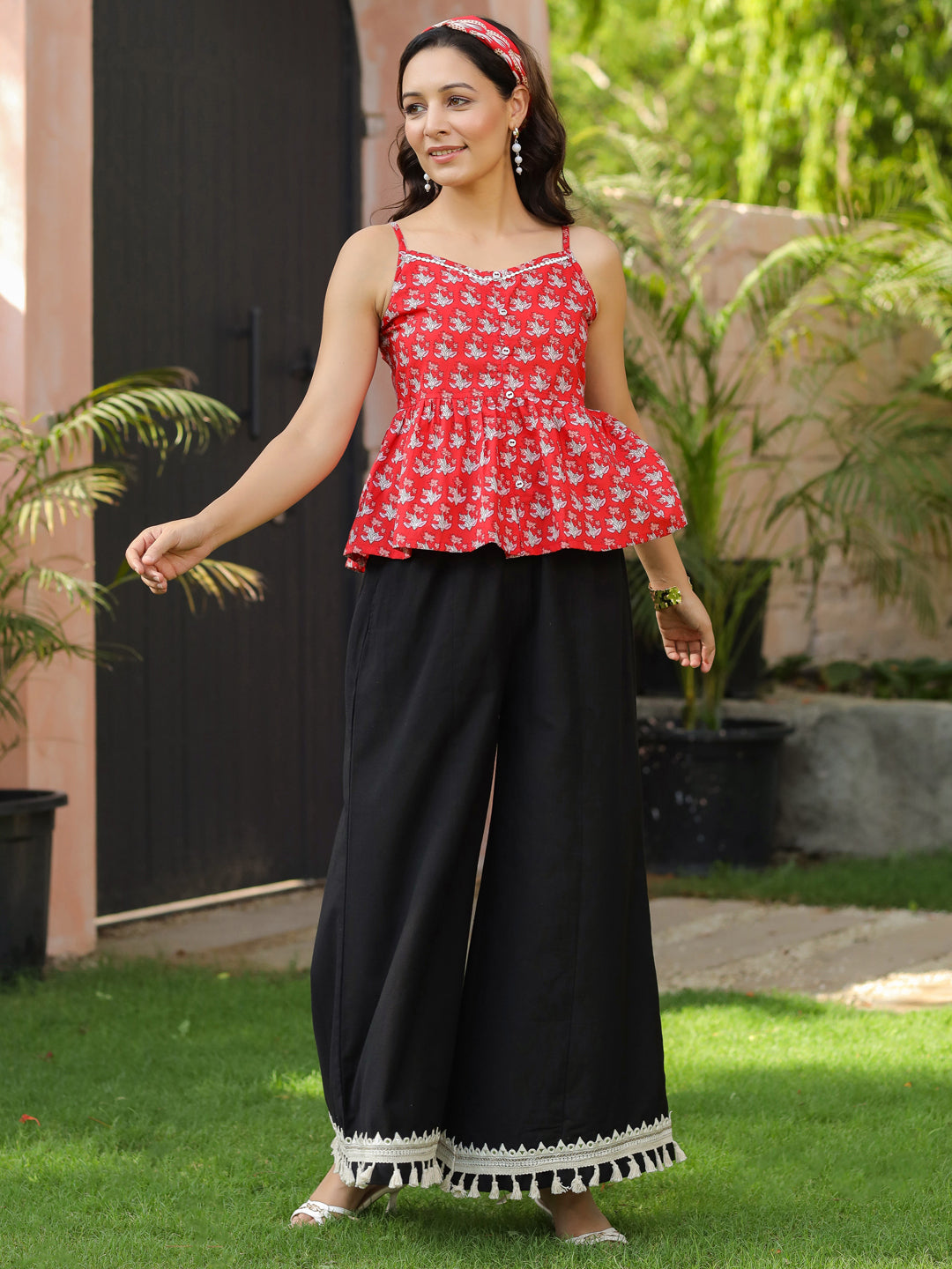 Women Ethnic Motifs Print Shoulder Straps Peplum Top