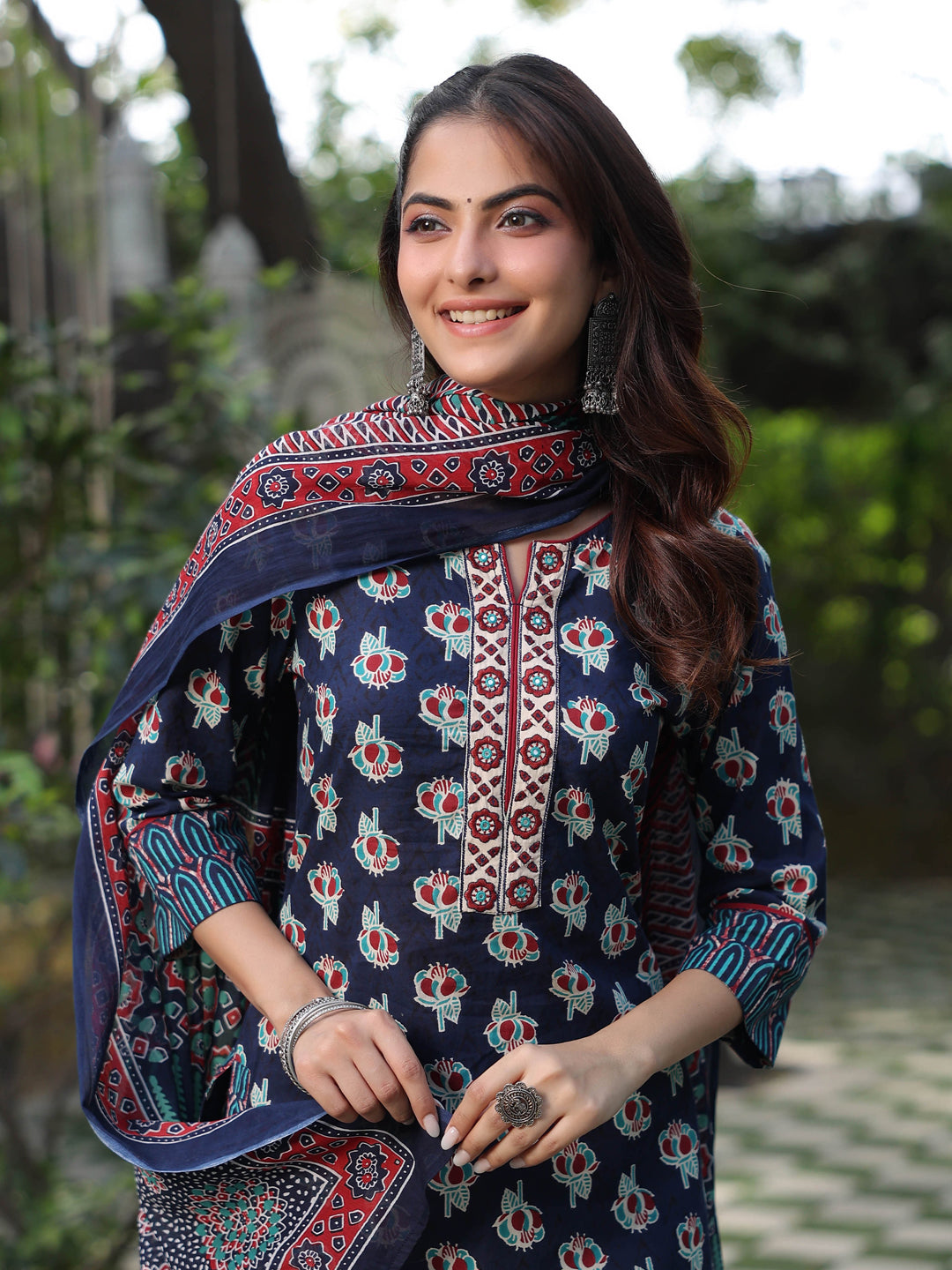 Women Navy Blue Ethnic Printed Cotton Embroidered Straight Kurta With Printed Trousers and Printed Dupatta