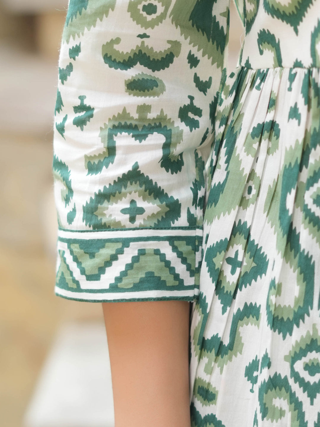 Women Green Ikat Printed Pure Cotton A-line Tops