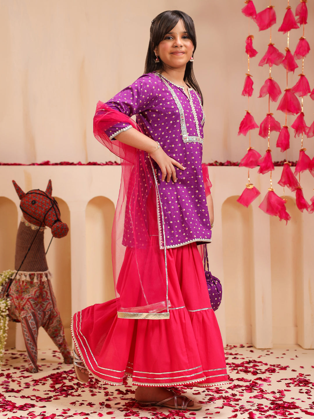 Girls Bandhani Printed Regular Gotta Patti Pure Cotton Kurti with Sharara & With Dupatta