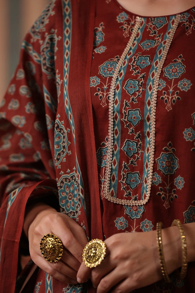 Women Rust Ethnic Printed Pure Cotton Straight Kurta with Palazzos & Dupatta