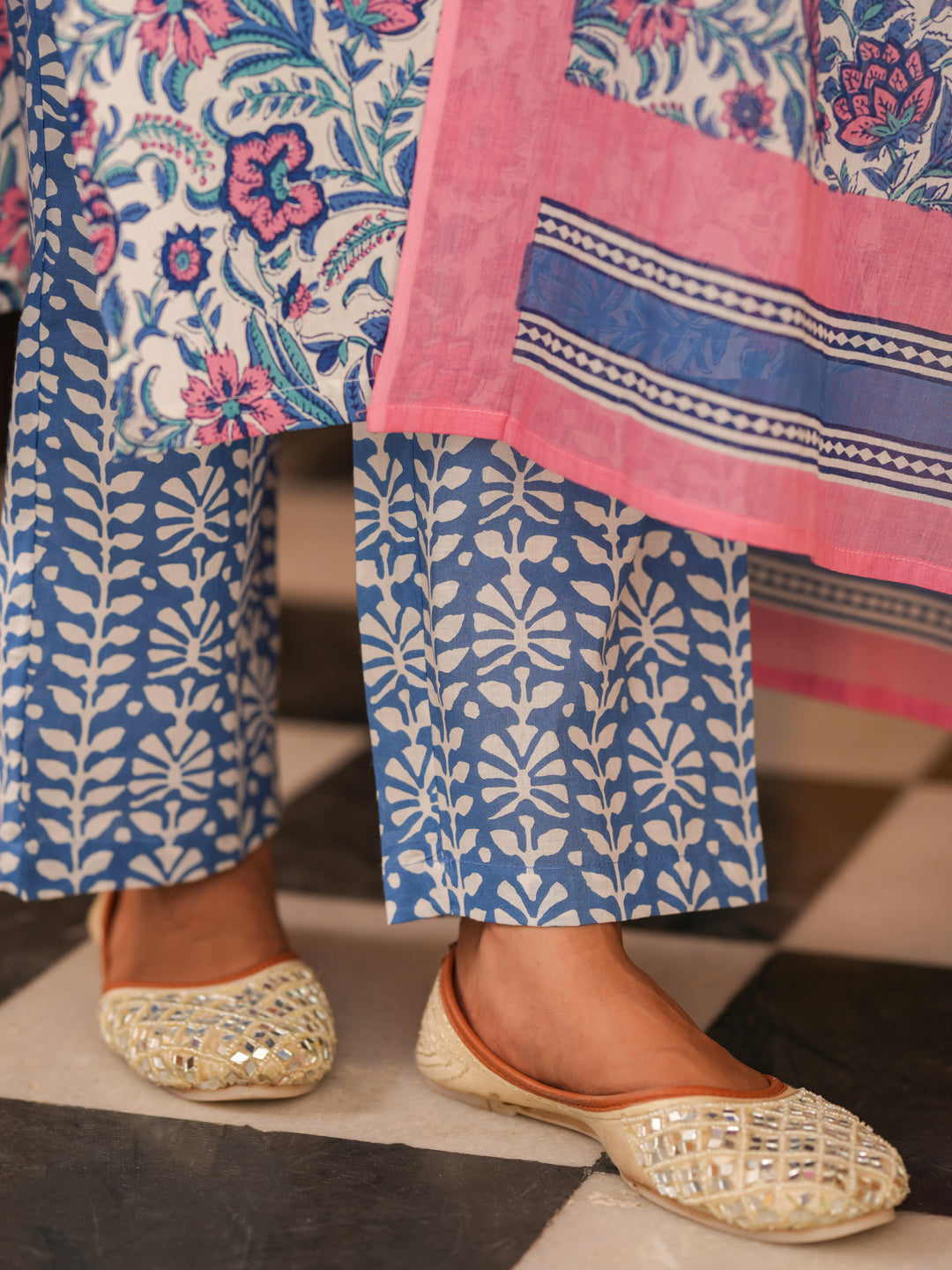 Women Floral Printed Cotton Straight Kurta with Trousers & Dupatta