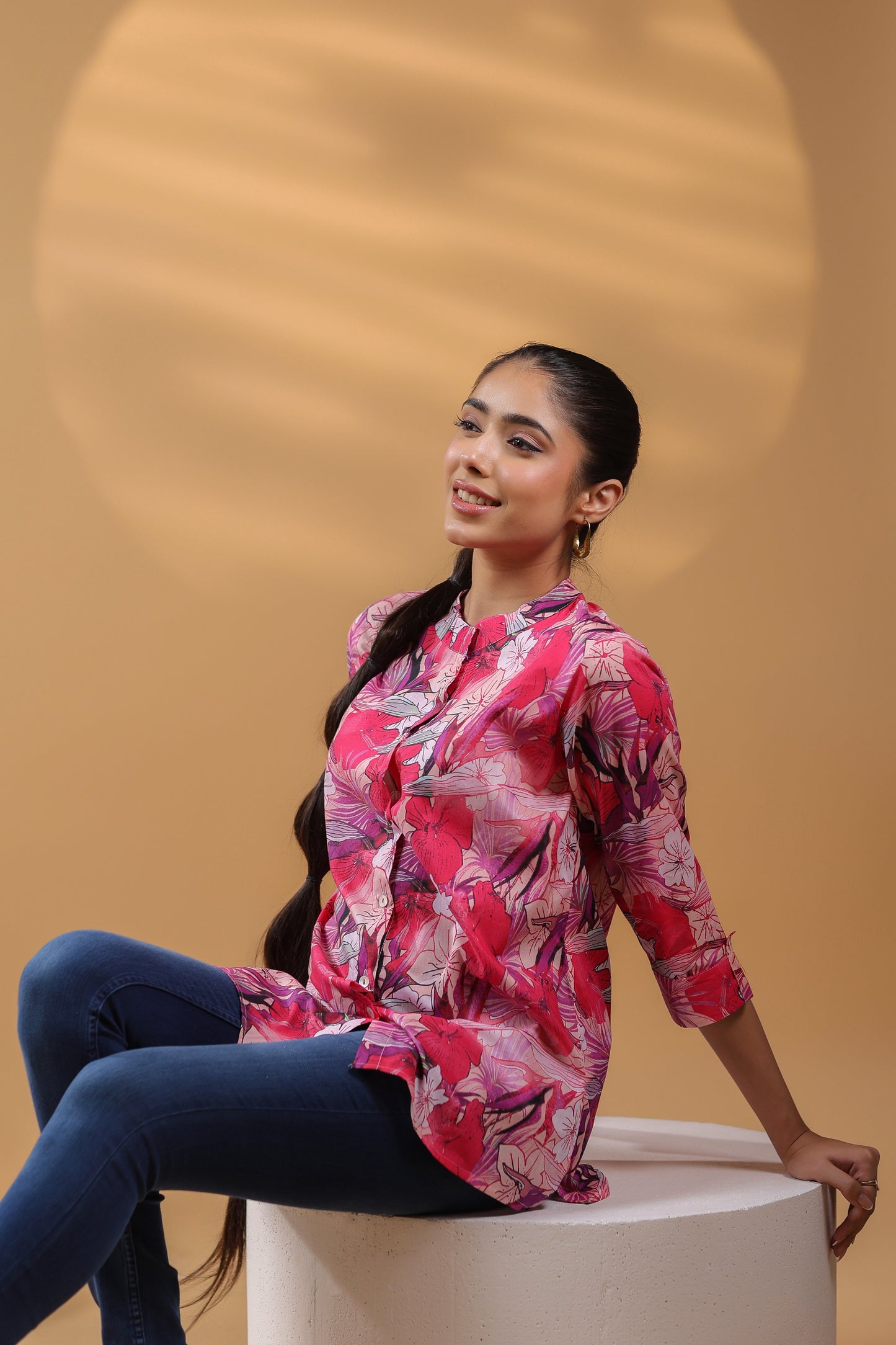 Women Floral Print Round Neck Cotton Top