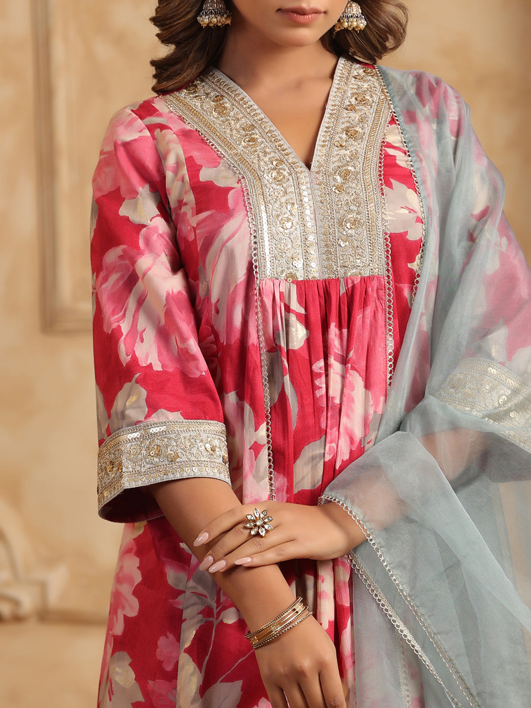 Floral Printed Sequinned Pure Cotton Anarkali Kurta with Trousers & Dupatta