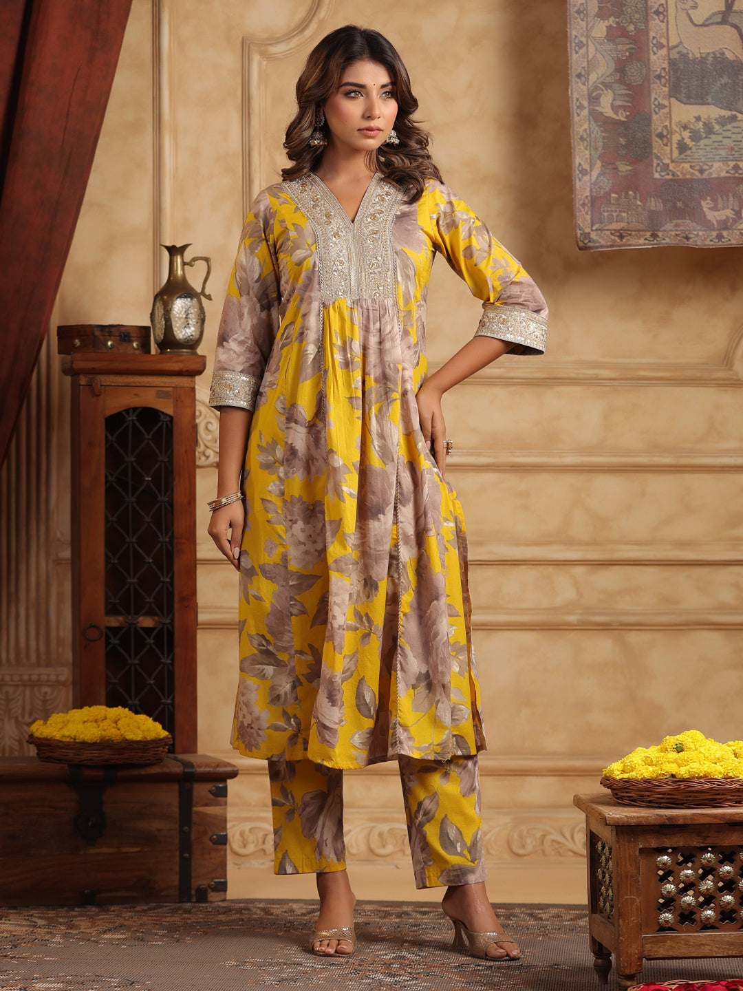 Floral Printed Sequinned Pure Cotton Anarkali Kurta with Trousers & Dupatta