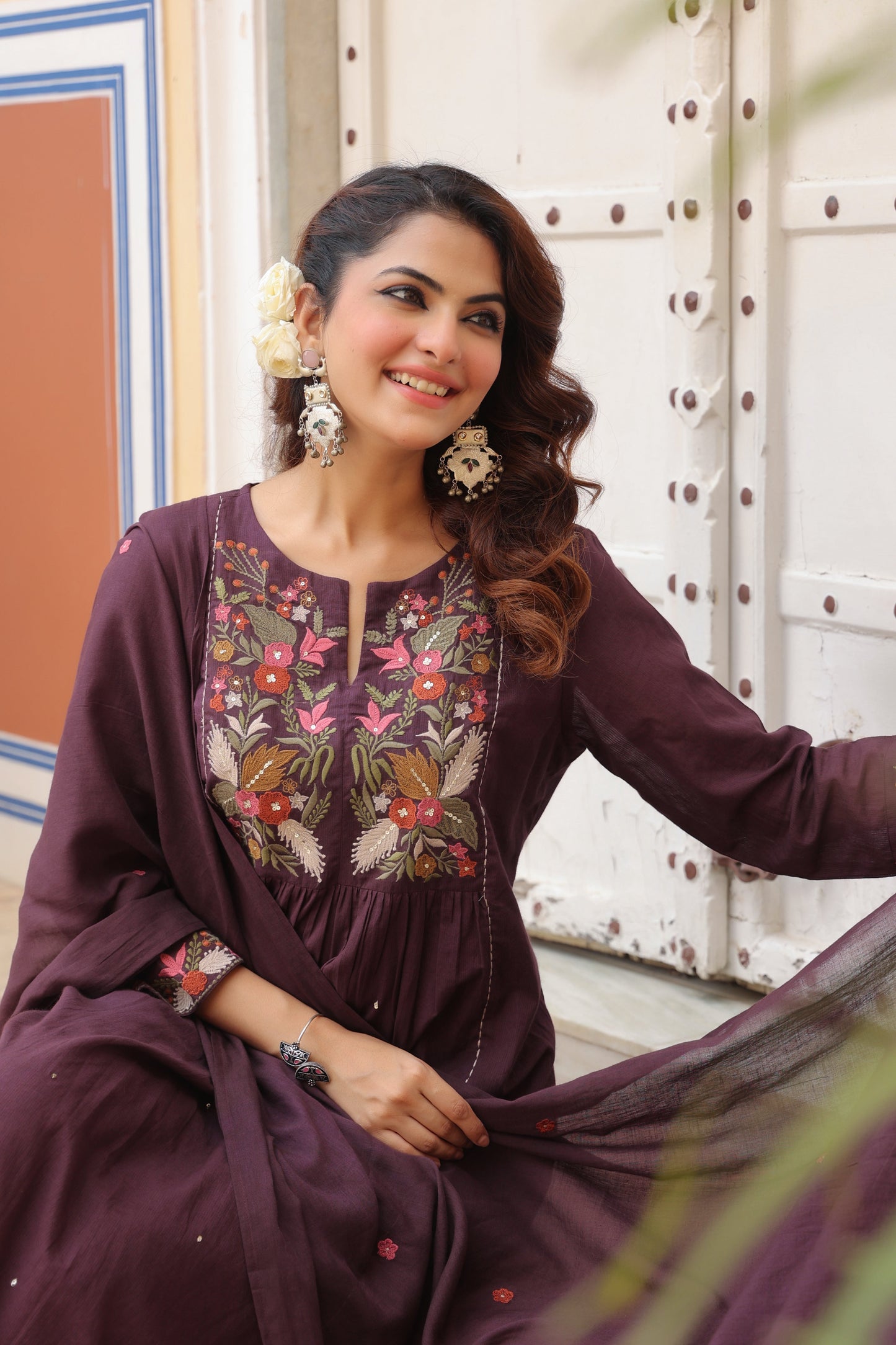 Women Floral Embroidered Regular Cotton Kurta, Trousers & Dupatta Kurta Set