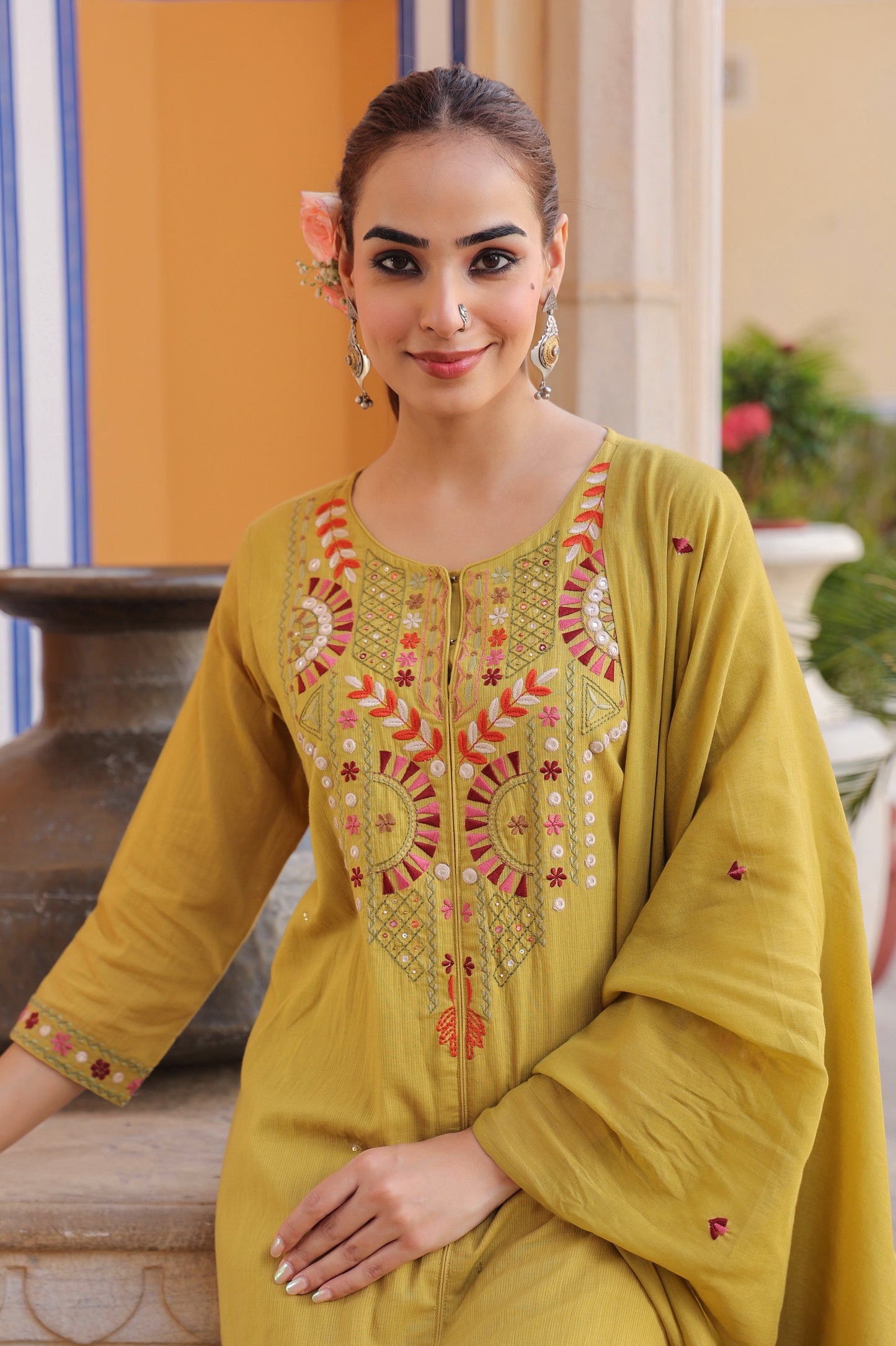 Floral Embroidered Mirror Work Pure Cotton Kurta With Trousers & Dupatta