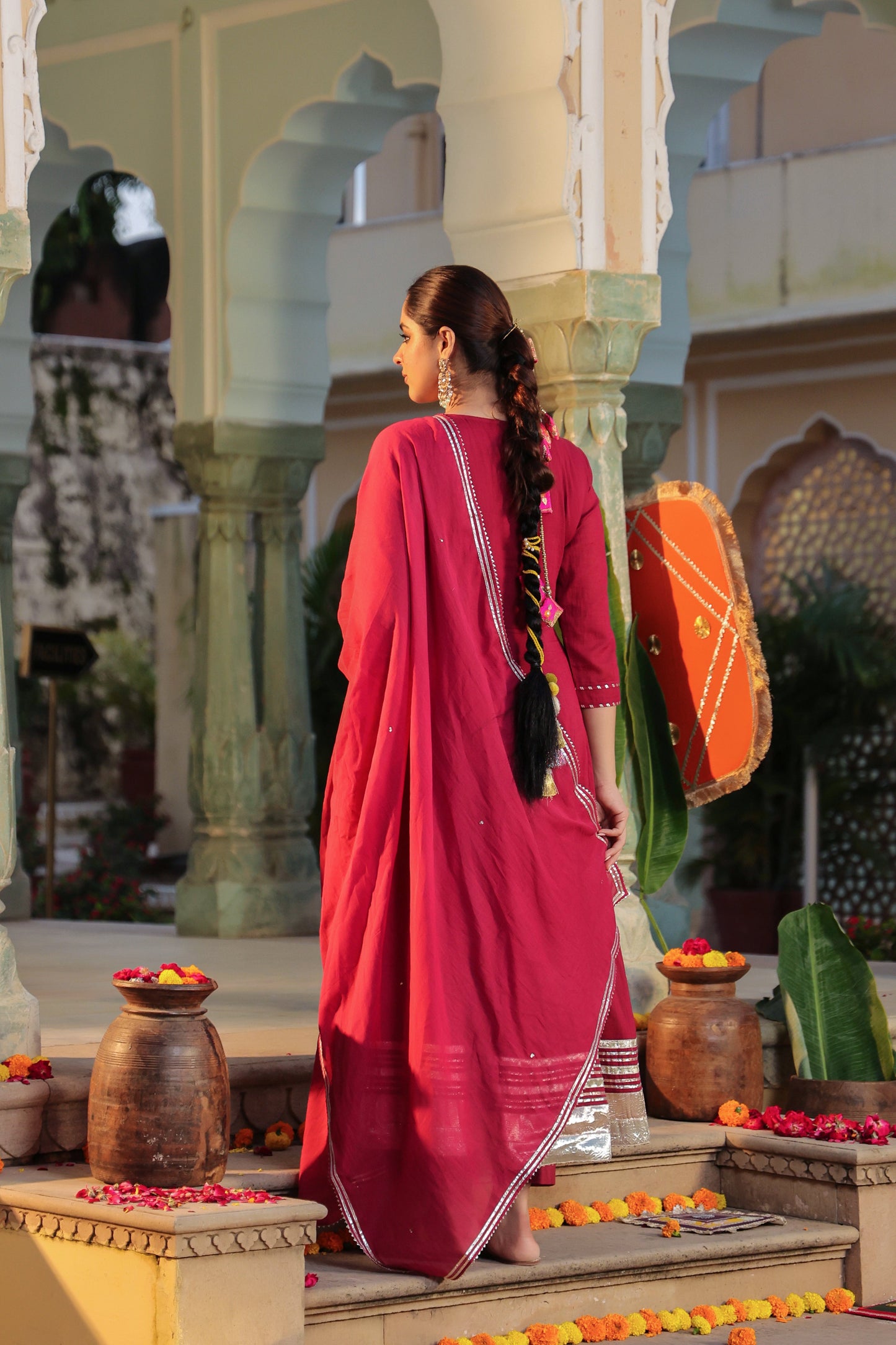 Geometric Embroidered Anarkali Pure Cotton Kurta With Trousers & Dupatta