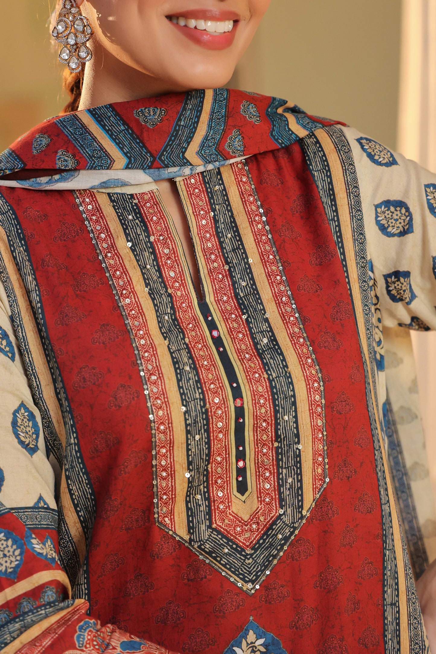 Floral Printed Mandarin Collar Muslin Kurta With Trousers & Dupatta