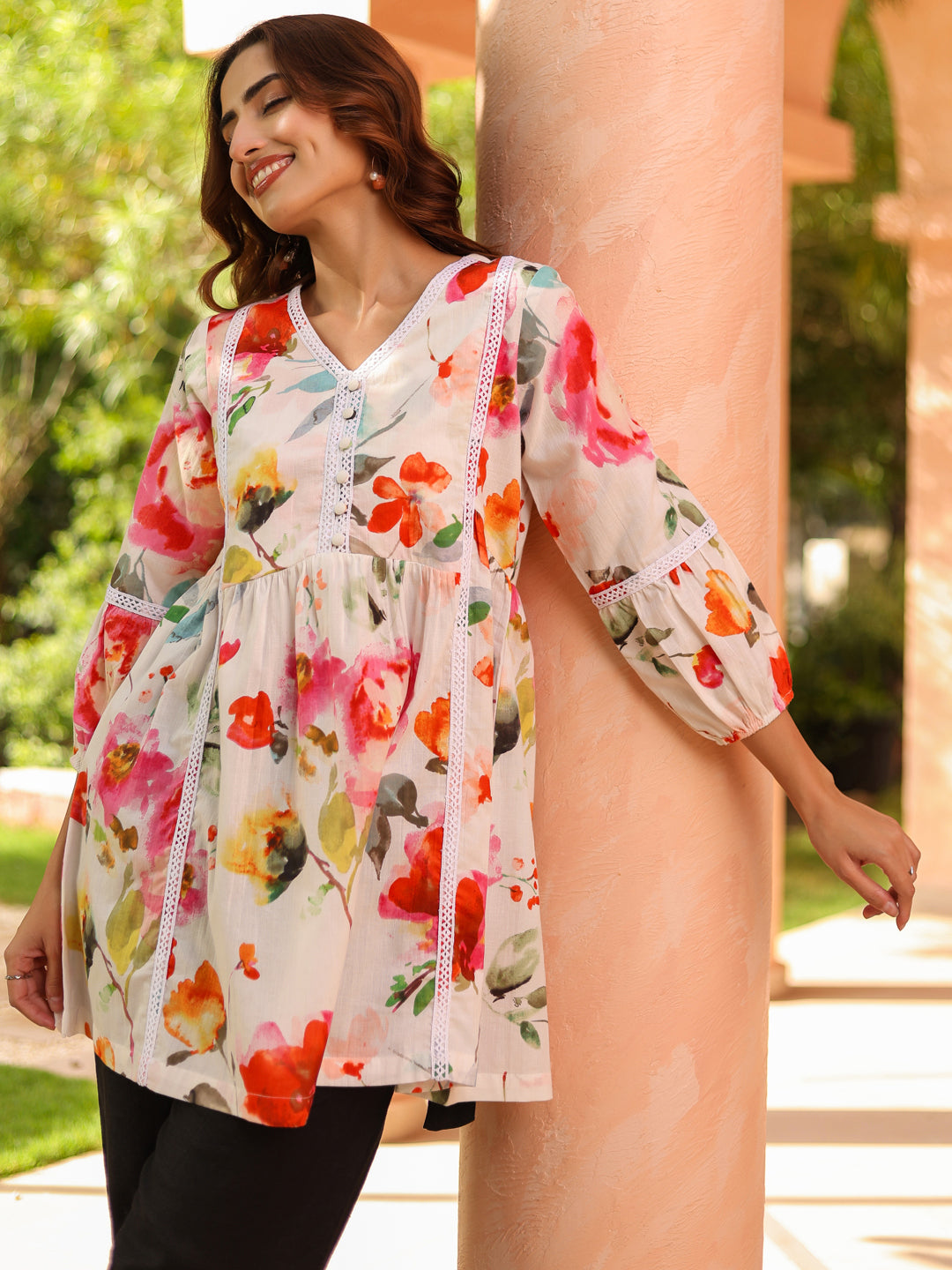 Women Floral Printed Gathered Pure Cotton Longline Top