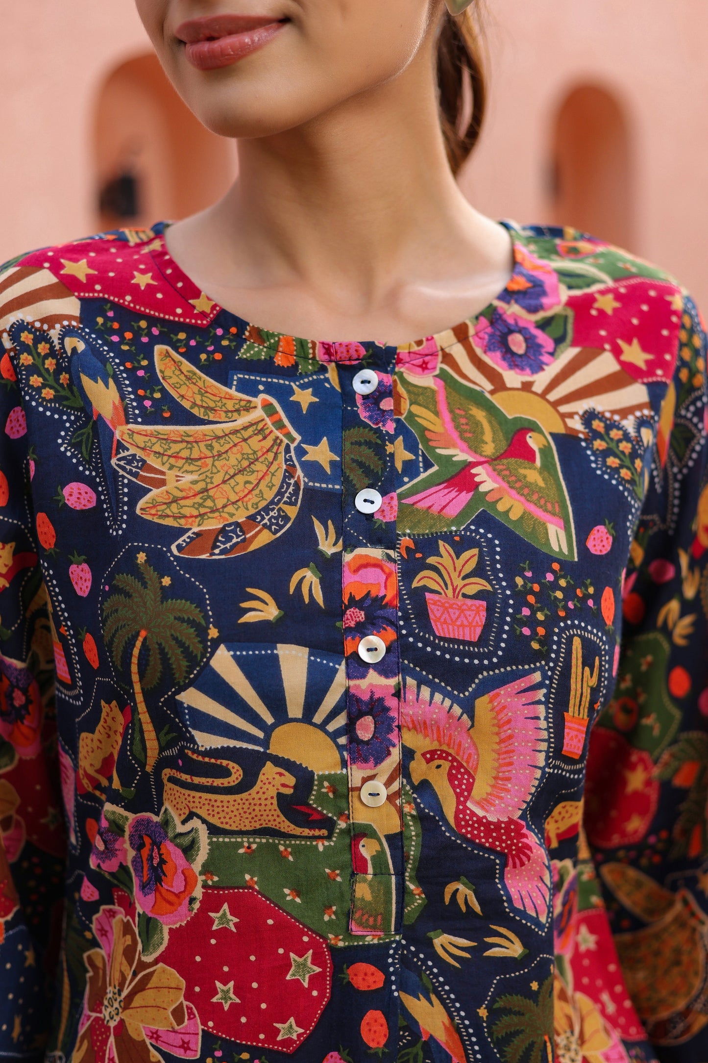 Printed Round Neck Pure Cotton Tunic With Trousers Co-Ords Set