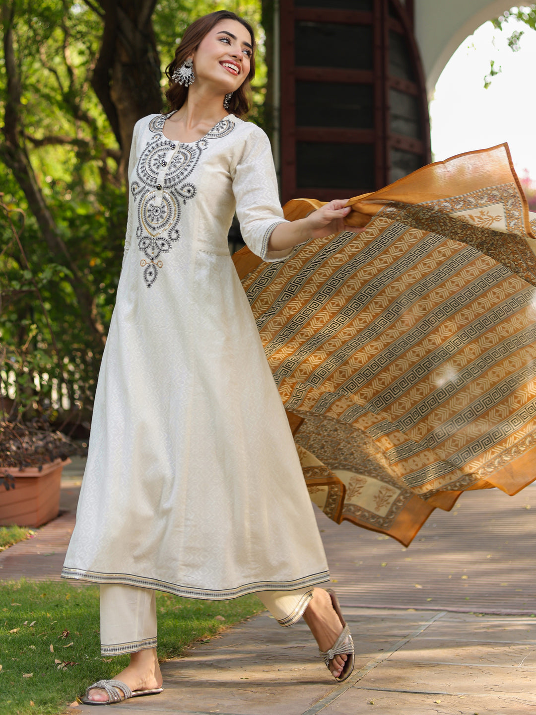 Women Floral Embroidered A-Line Pure Cotton Kurta with Trousers & Dupatta
