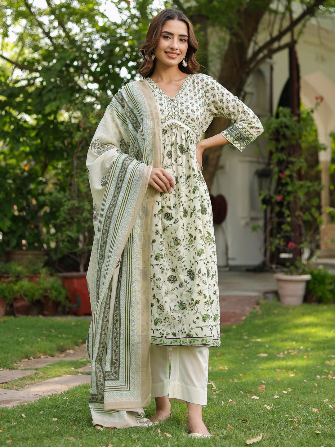 Women Floral Printed Cotton Anarkali Kurta with Trousers & Dupatta