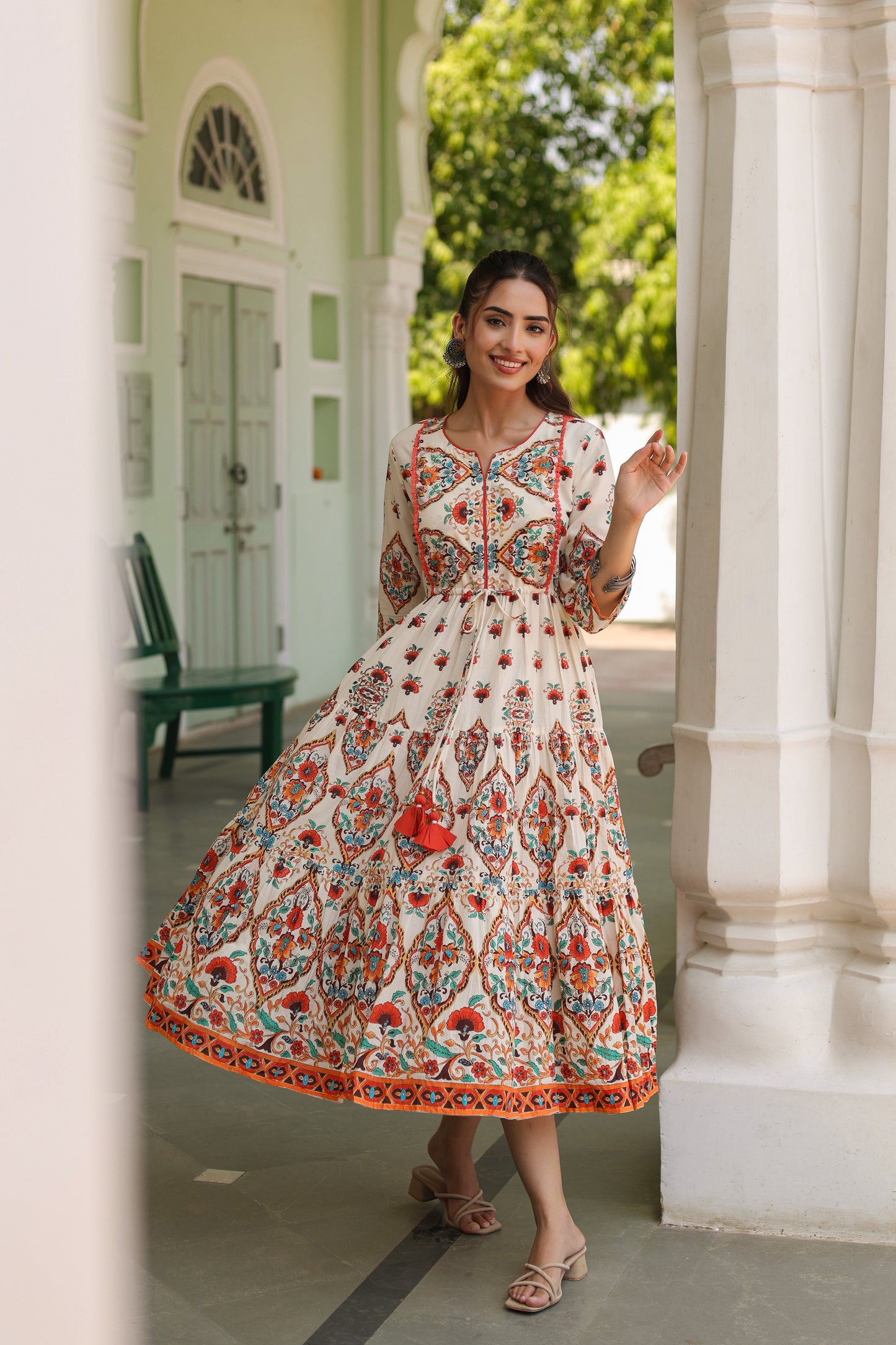 White Printed Fit & Flare Ethnic Dress