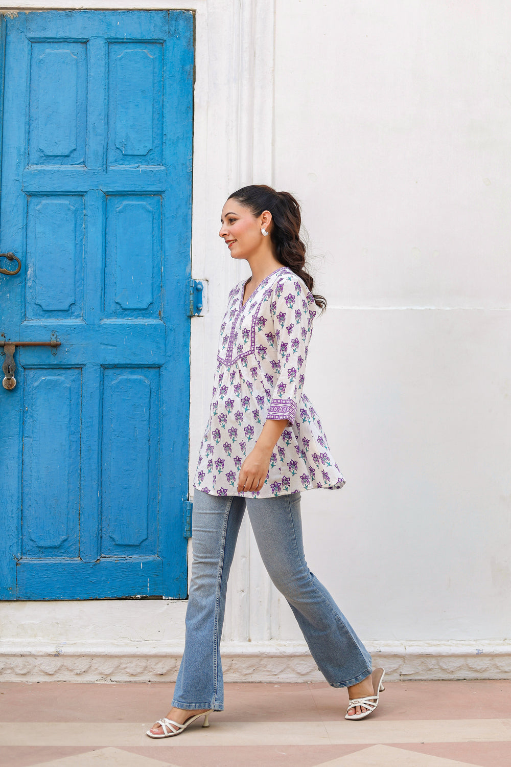 Women Floral Printed V-Neck A-Line Cotton Top