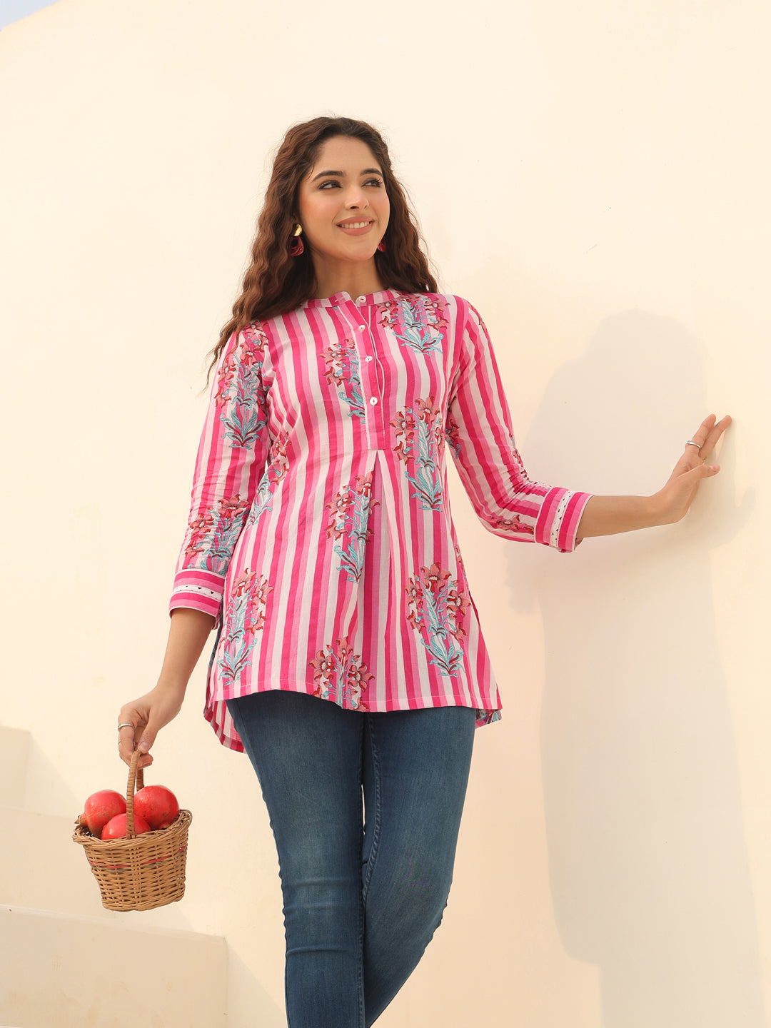 Floral Printed Mandarin Collar Cotton A-Line Top