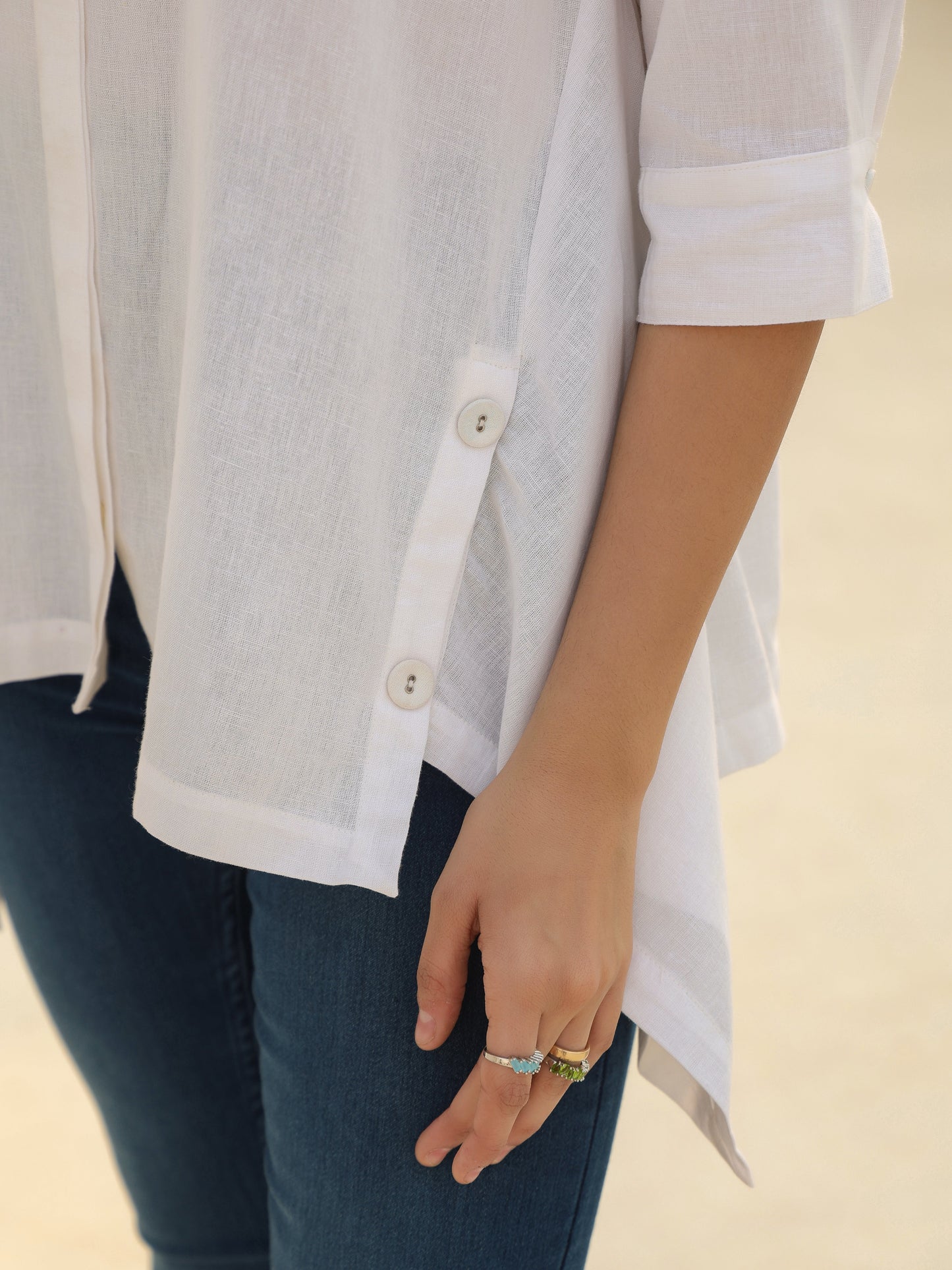 Shirt Collar Cuffed Sleeves Cotton Top