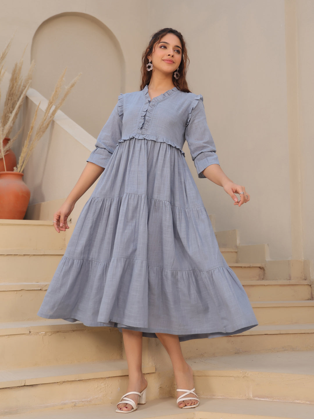 V-Neck Bell Sleeves Pure Cotton Tiered Fit & Flare Midi Dress