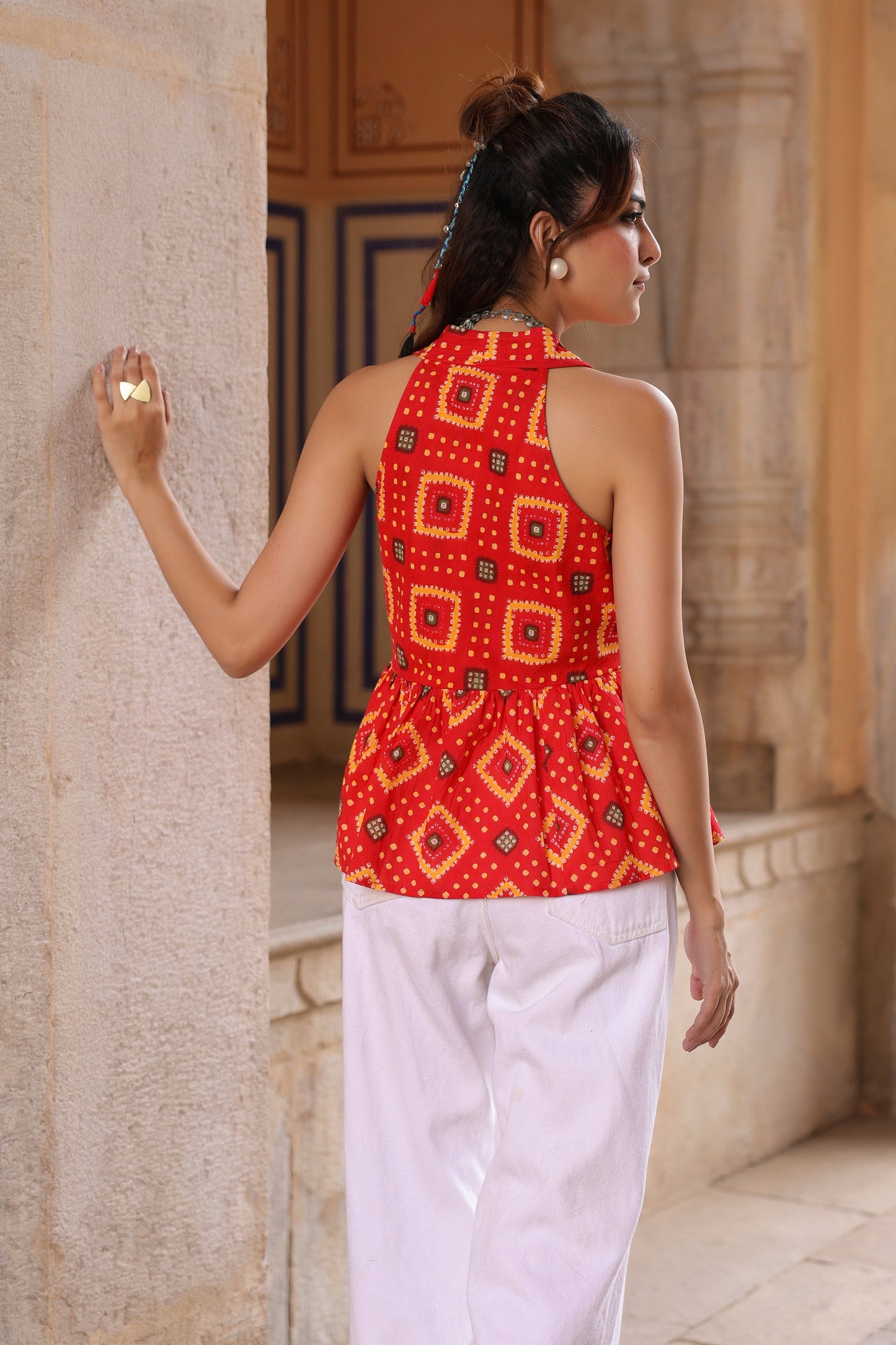 Women Printed Cotton Sleeveless Peplum Top