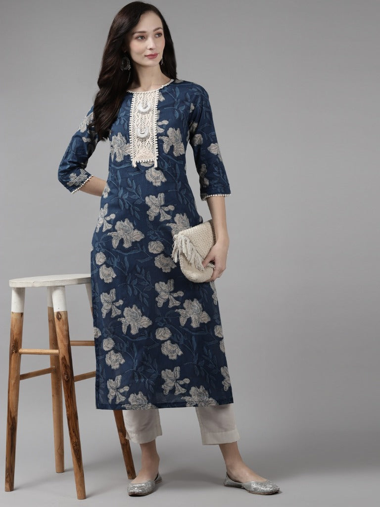 Women Blue Floral Printed Pure Cotton Straight Kurta