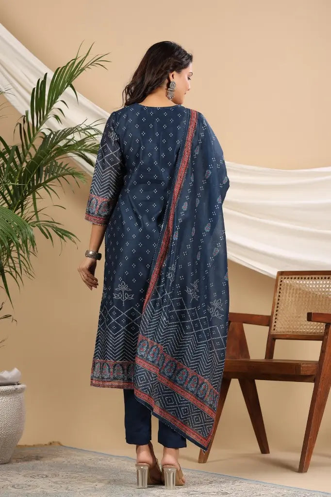 Women Blue Bandhani Printed Sequinned Kurta Set