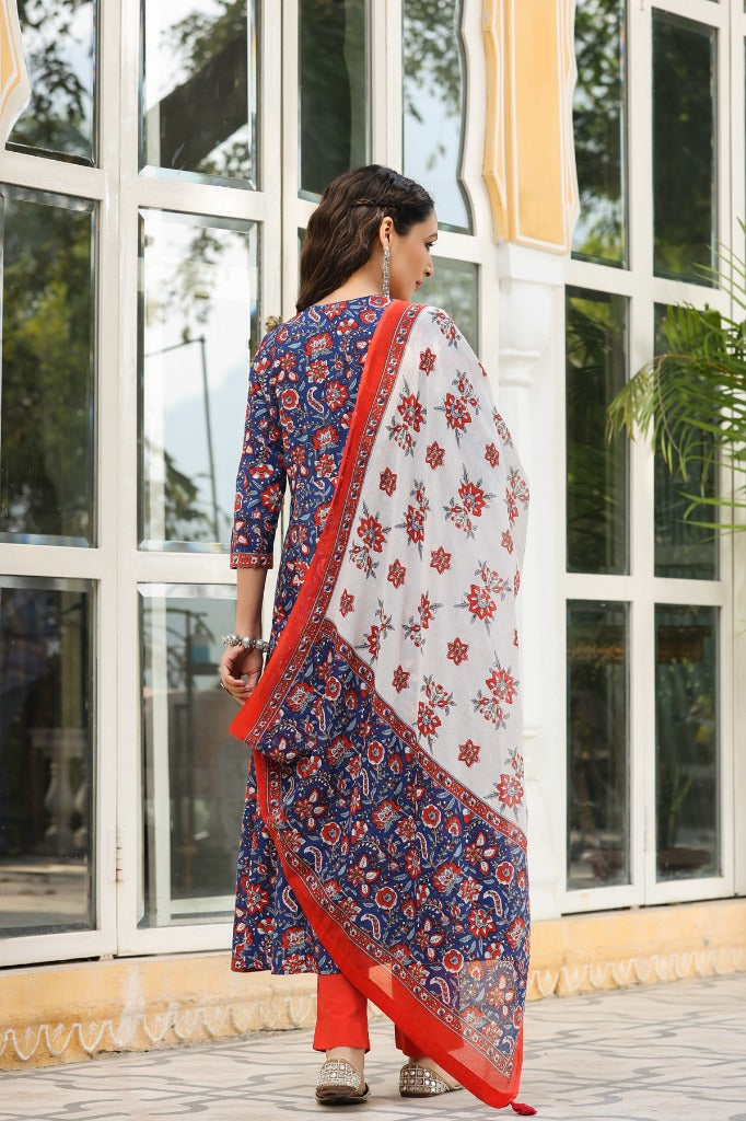 Women Navy blue Floral printed sequinned pure cotton kurta with trousers & dupatta