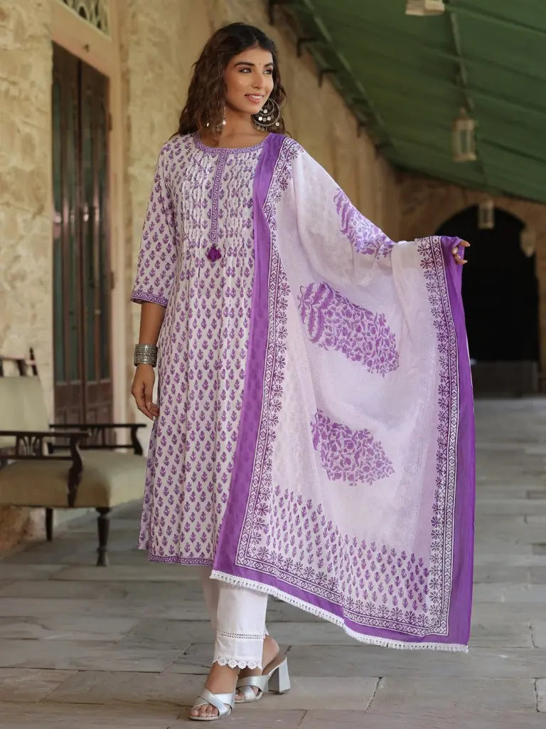 Women Purple-Coloured Ethnic Motifs Printed Sequinned Pure Cotton Kurta with Trousers And Printed Dupatta