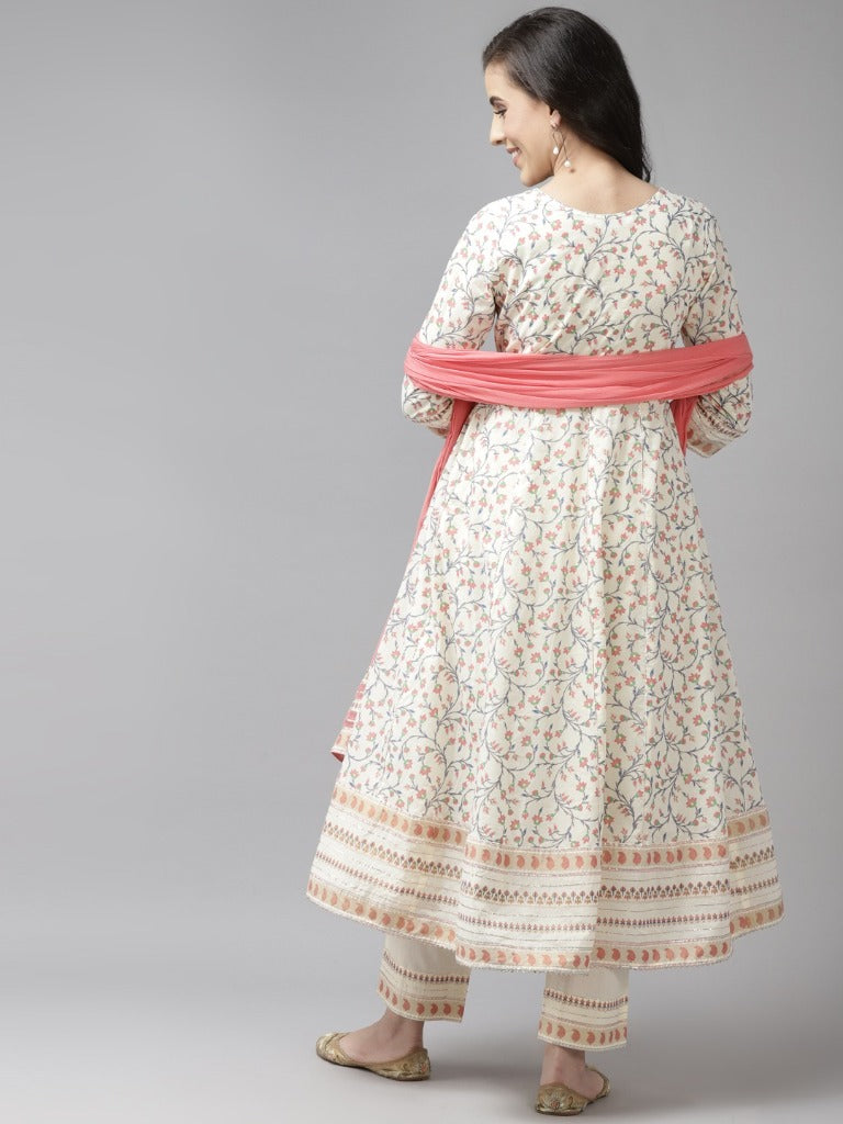 Women Cream and Pink Floral Printed Anarkali Kurta Set