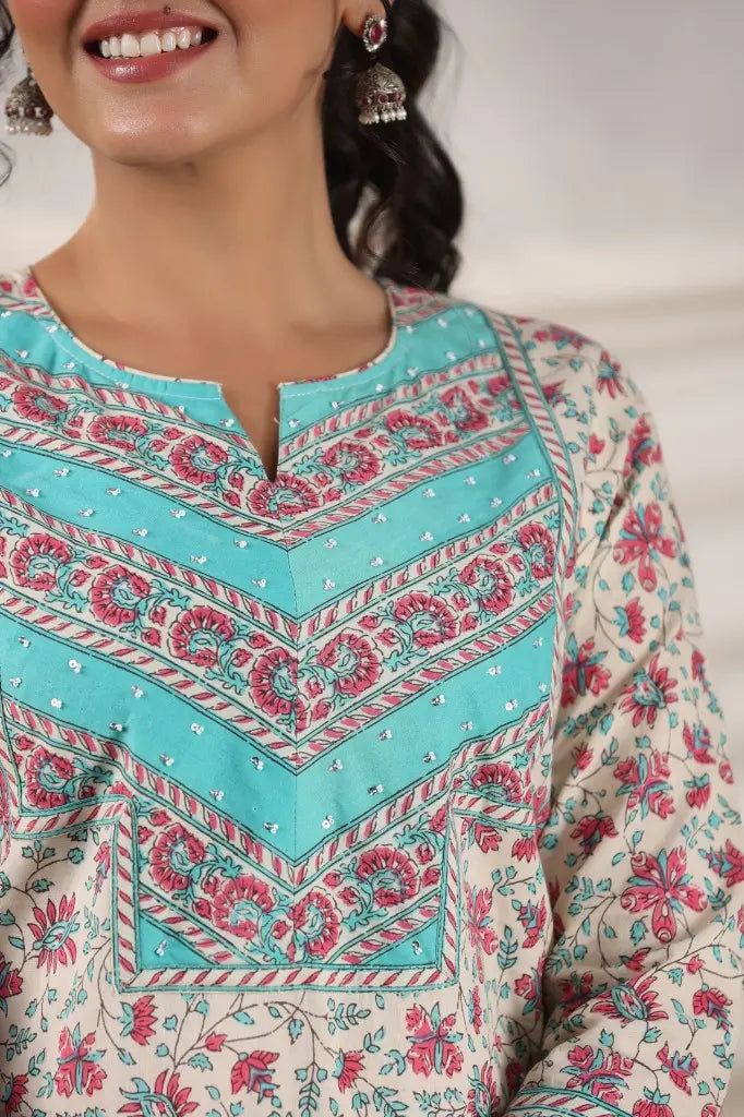 Women Cream and Pink Printed Sequinned Cotton Kurta with Trousers