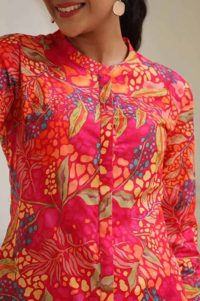 Women Fuchsia Ethnic Motifs Printed Pure Cotton Tunic With Printed Trouser