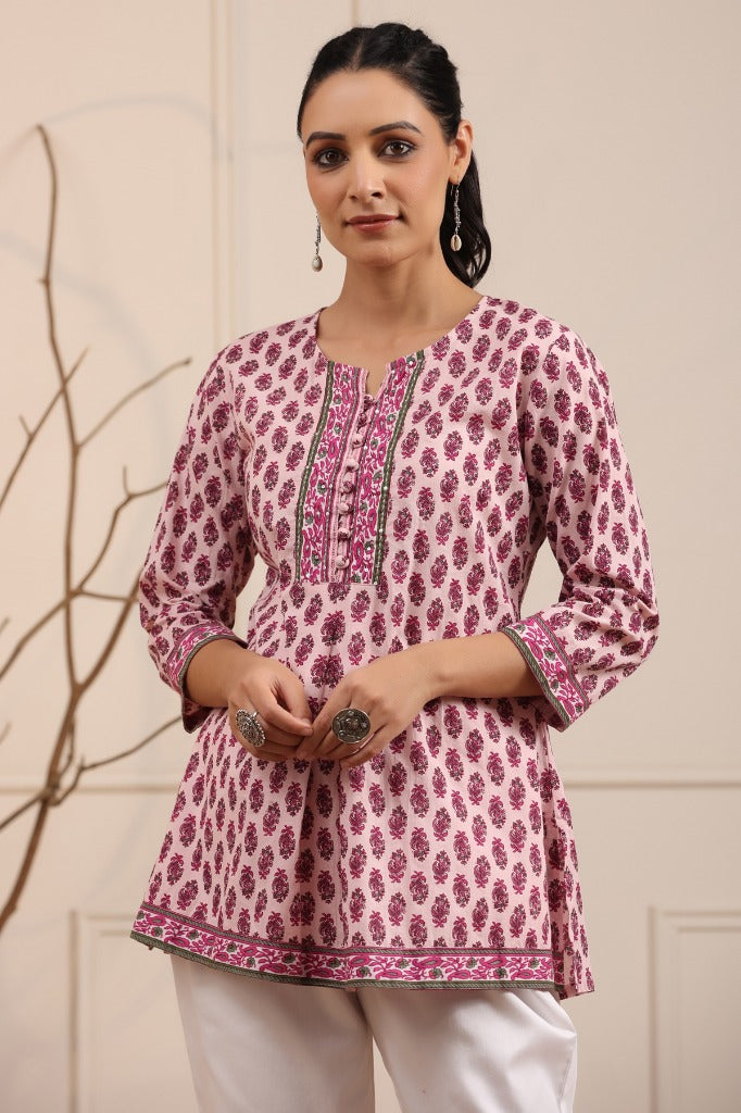 Women Lavender & Pink Printed Sequinned A-line Kurti