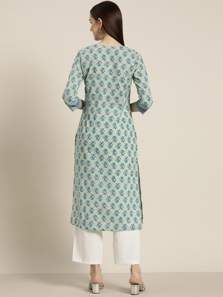 Women Green & Blue Floral Printed Straight Kurta