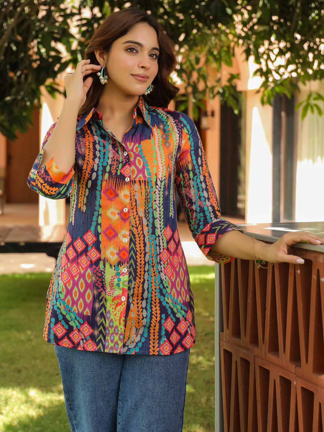 Women Relaxed Fit Abstract Printed Spread Collar Cotton Casual Shirt
