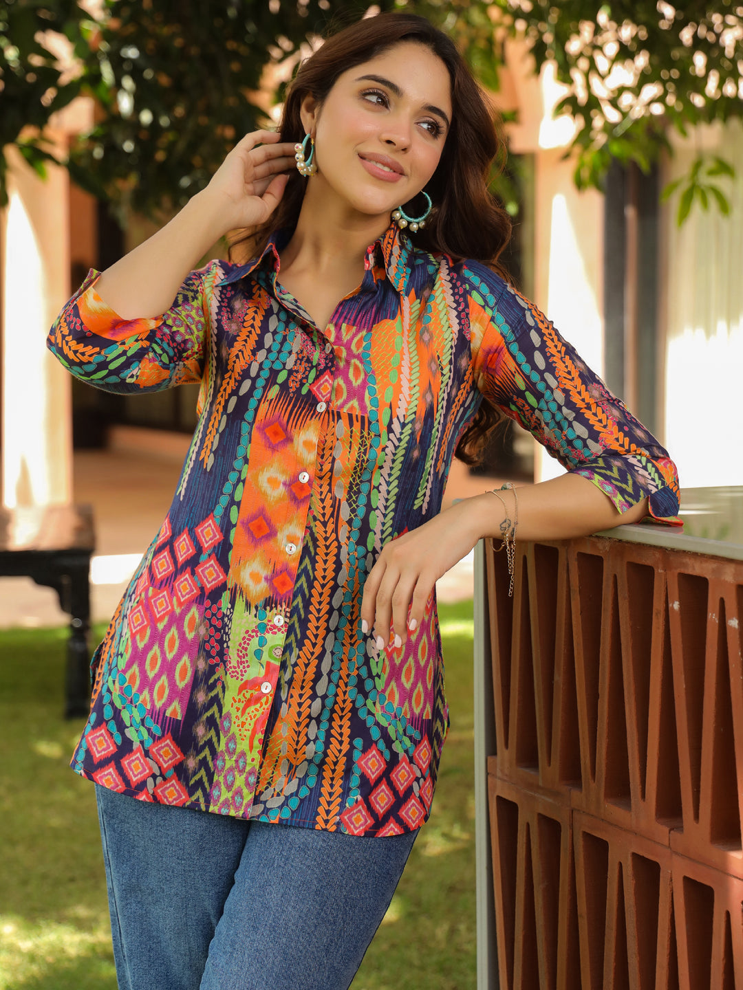 Women Relaxed Fit Abstract Printed Spread Collar Cotton Casual Shirt