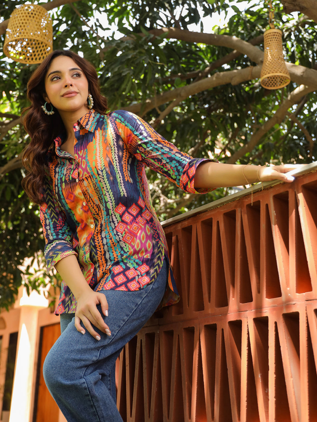 Women Relaxed Fit Abstract Printed Spread Collar Cotton Casual Shirt