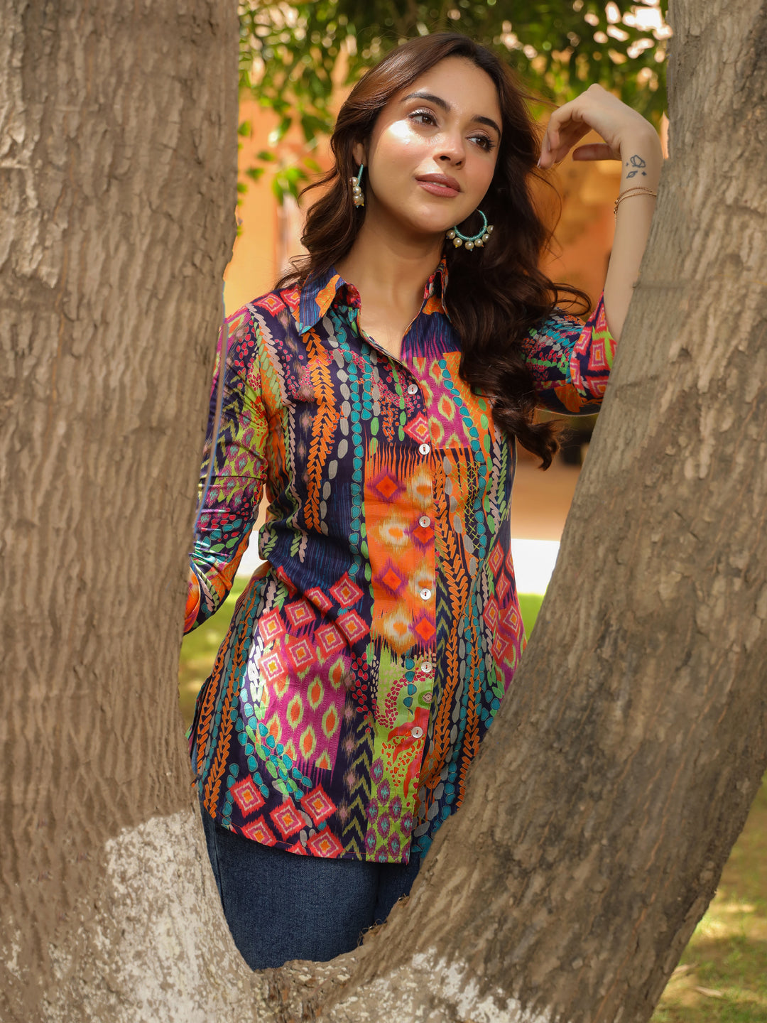 Women Relaxed Fit Abstract Printed Spread Collar Cotton Casual Shirt