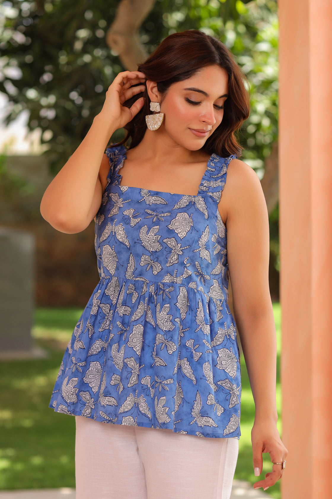 Women Shoulder Straps Graphic Print Cotton Peplum Top