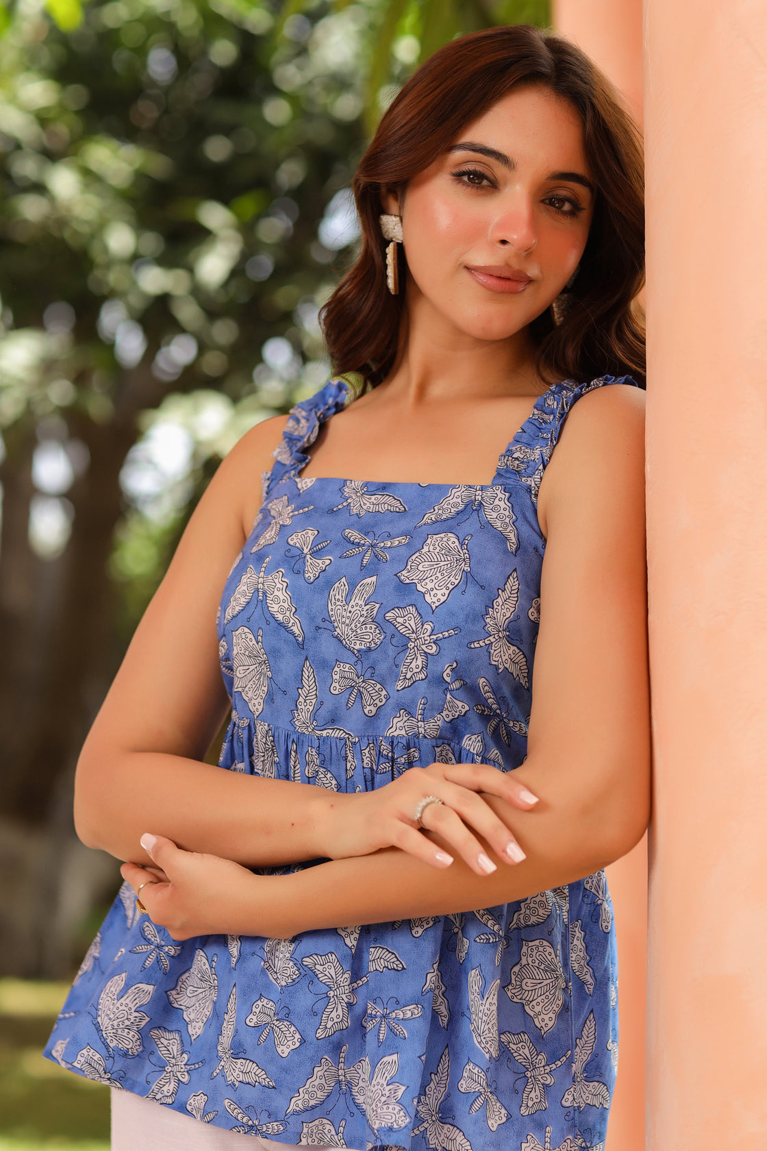 Women Shoulder Straps Graphic Print Cotton Peplum Top