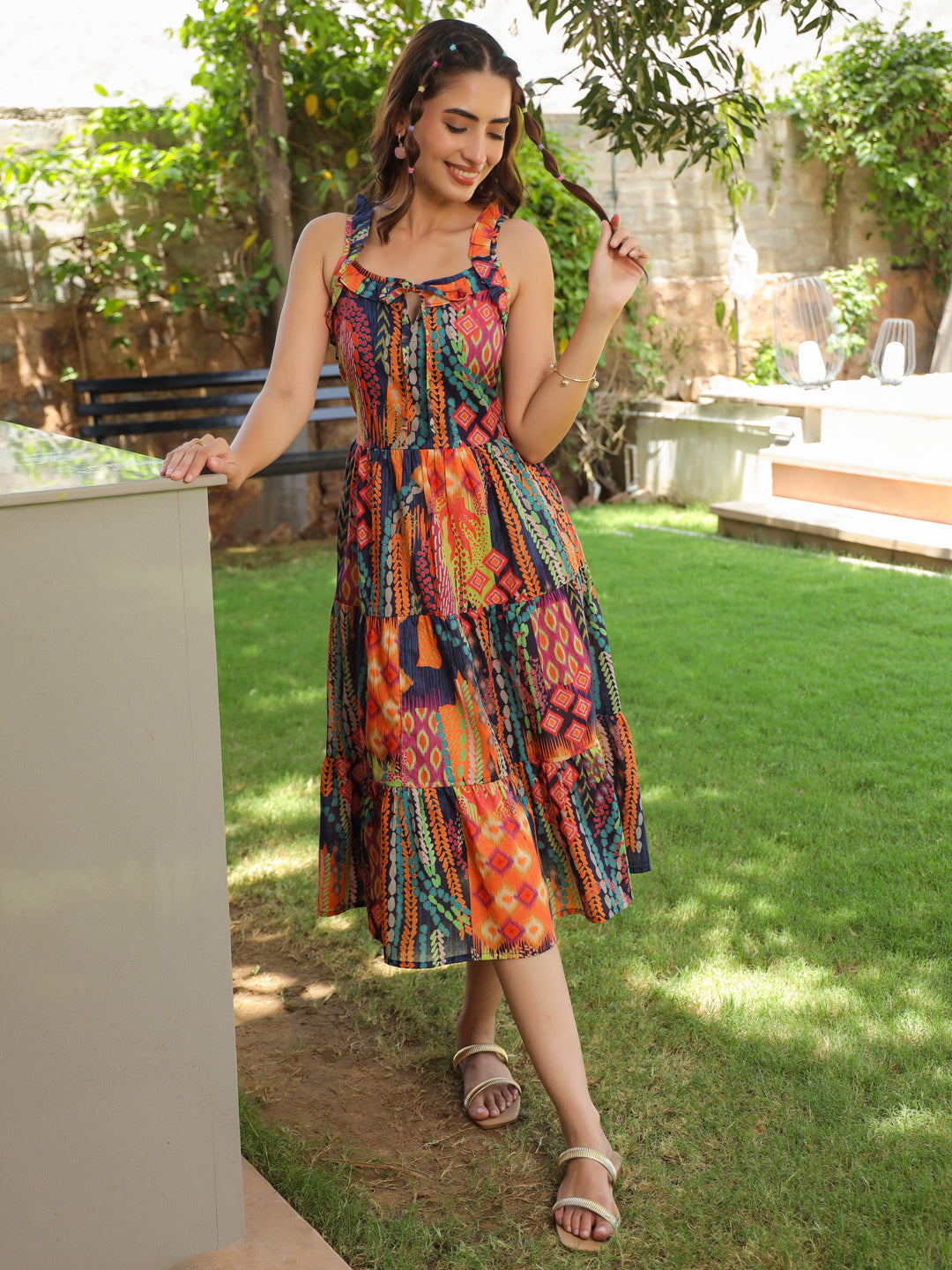 Multi coloured Printed Fit & Flare Ethnic Dress