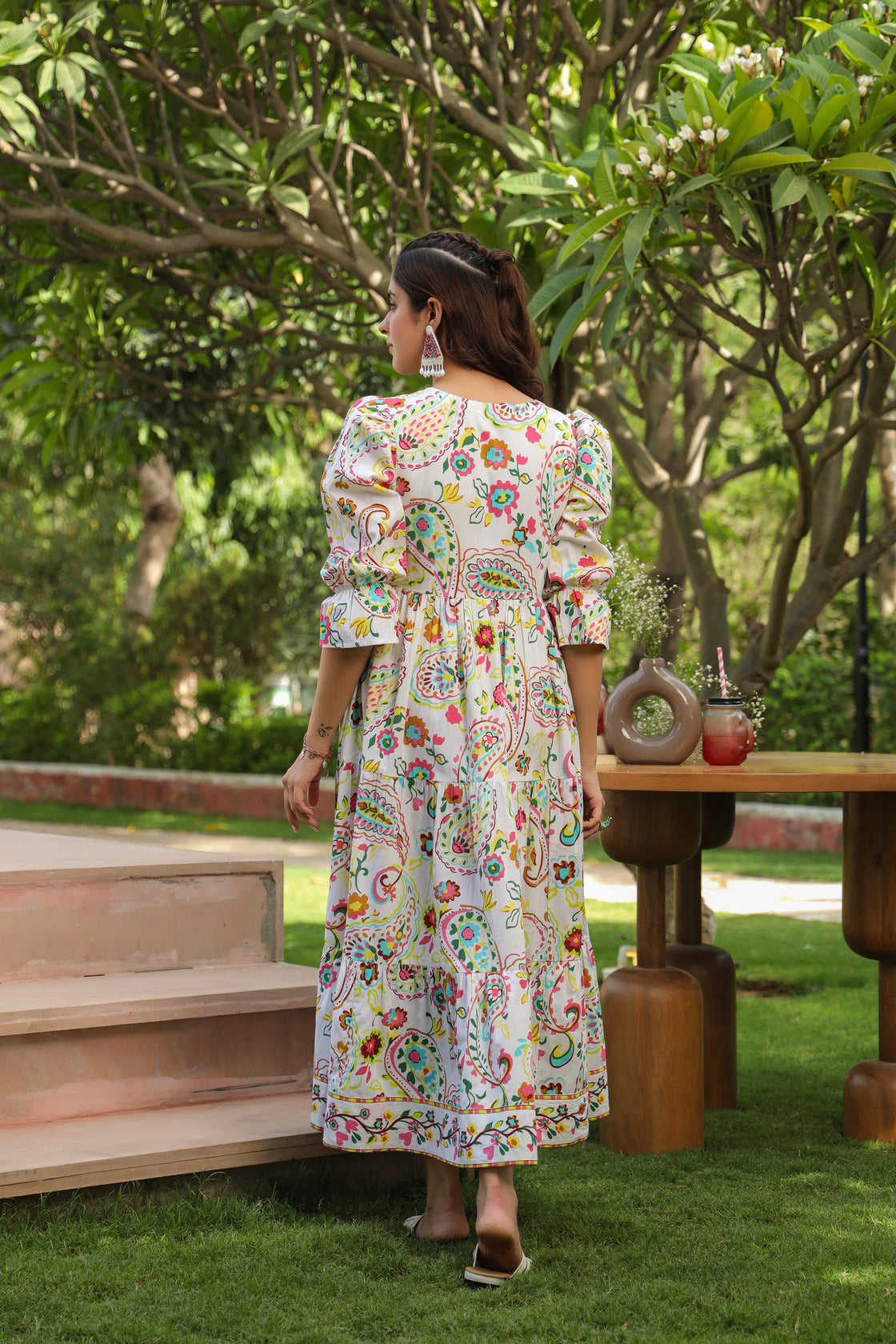 Ethnic Motifs Printed Puff Sleeves Pure Cotton Midi Dress