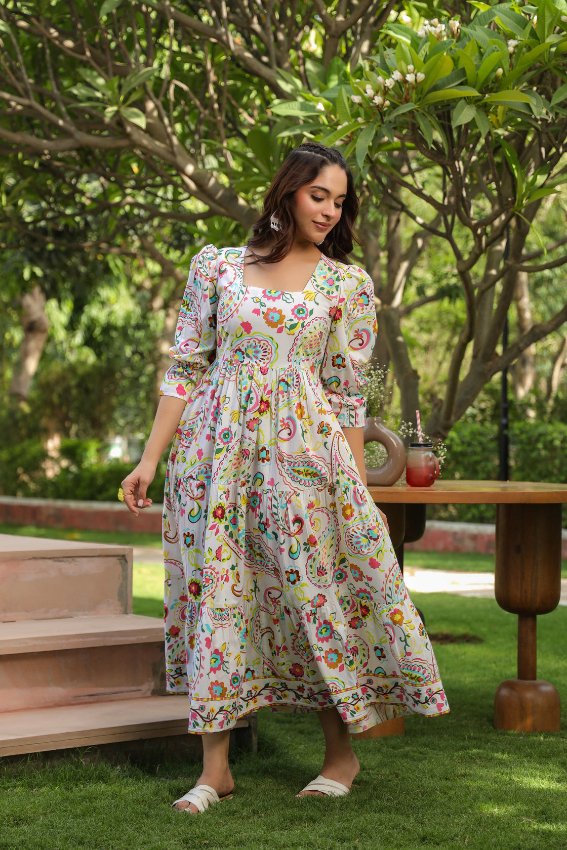 Ethnic Motifs Printed Puff Sleeves Pure Cotton Midi Dress
