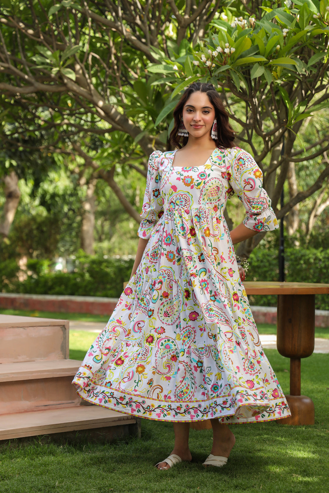 Ethnic Motifs Printed Puff Sleeves Pure Cotton Midi Dress