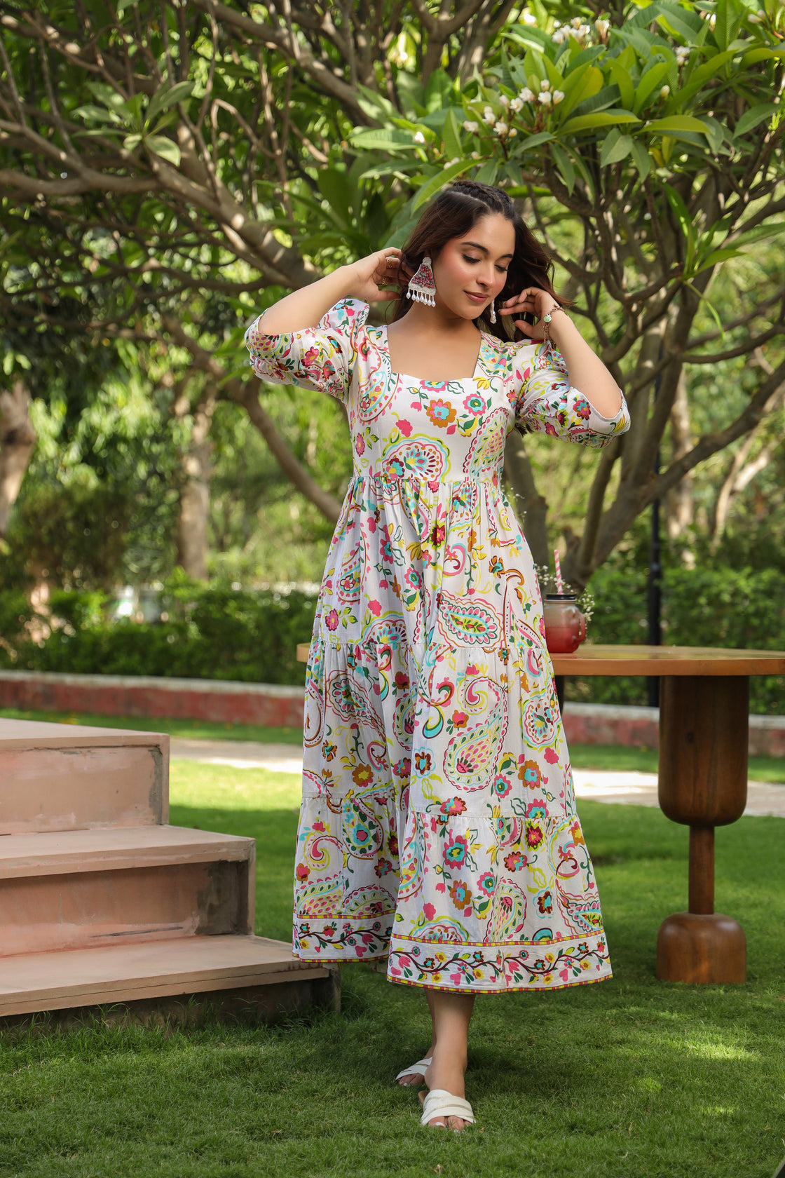 Ethnic Motifs Printed Puff Sleeves Pure Cotton Midi Dress