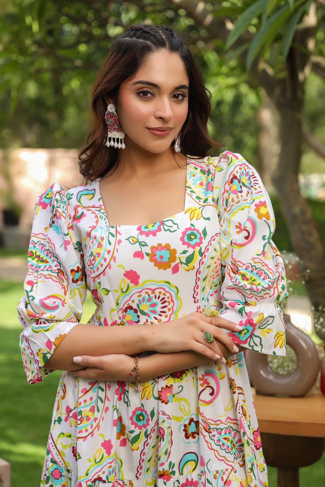 Ethnic Motifs Printed Puff Sleeves Pure Cotton Midi Dress