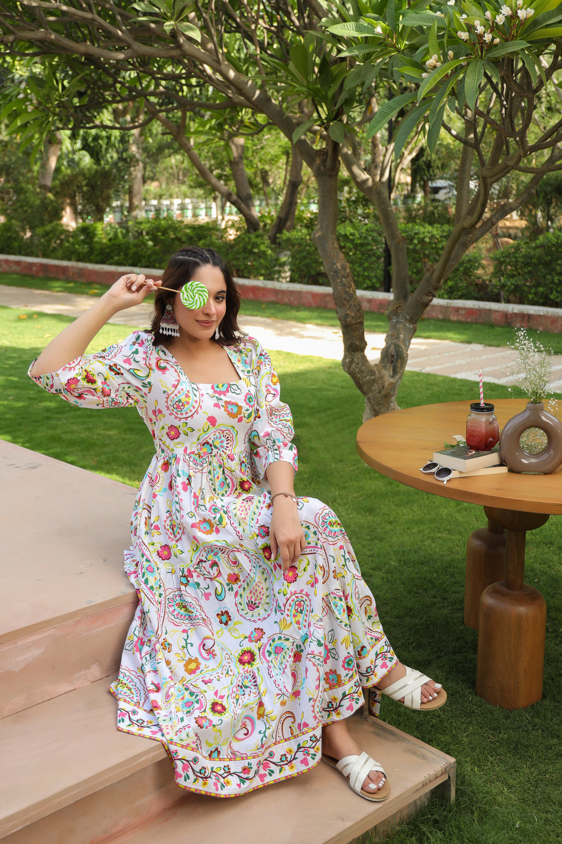 Ethnic Motifs Printed Puff Sleeves Pure Cotton Midi Dress