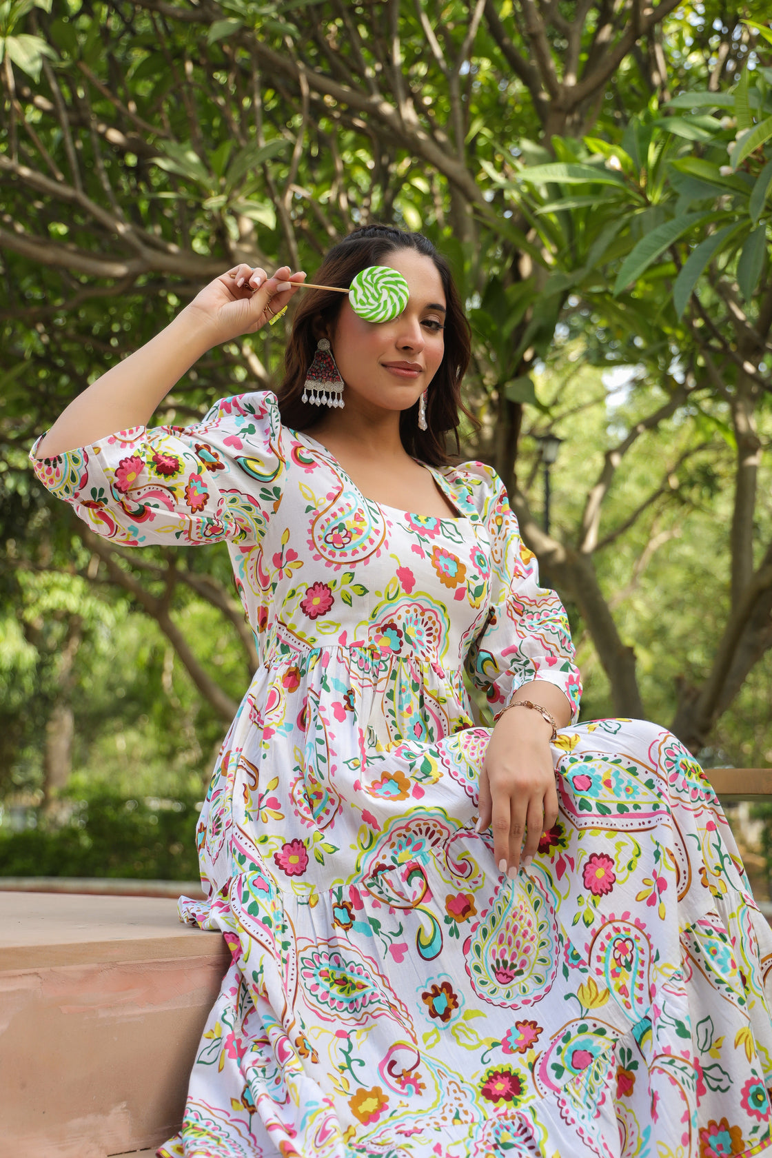 Ethnic Motifs Printed Puff Sleeves Pure Cotton Midi Dress