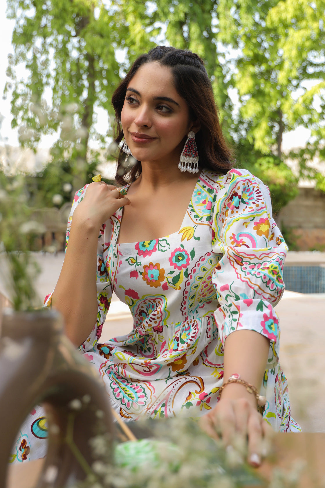 Ethnic Motifs Printed Puff Sleeves Pure Cotton Midi Dress