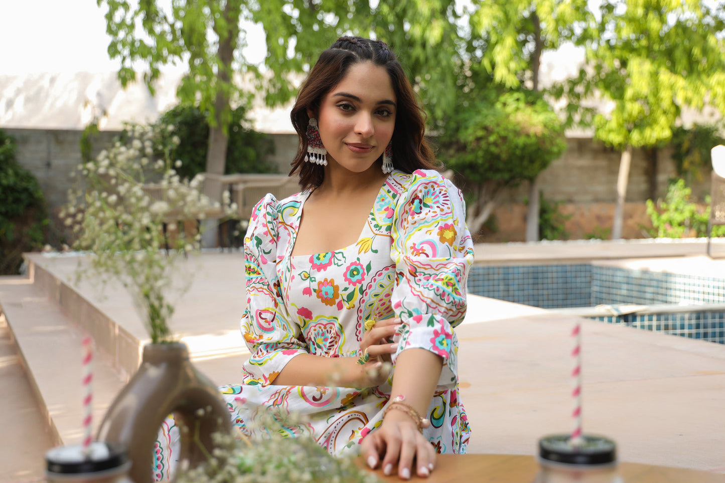 Ethnic Motifs Printed Puff Sleeves Pure Cotton Midi Dress