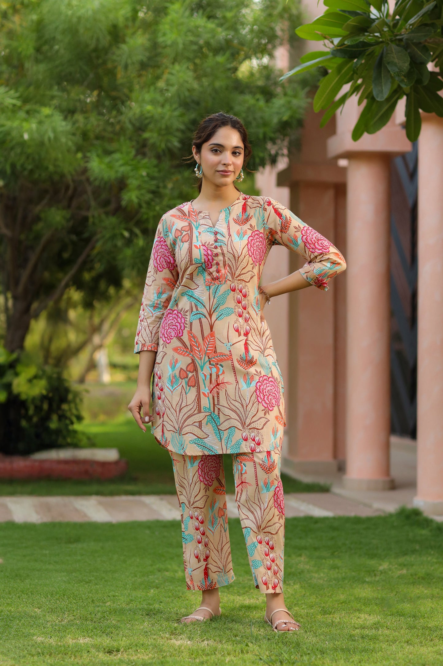 Floral Printed Pure Cotton Tunic With Trouser