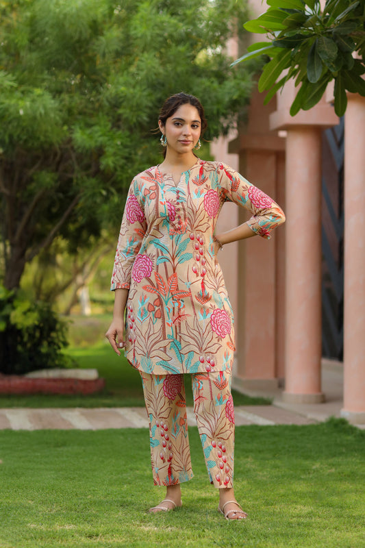 Floral Printed Pure Cotton Tunic With Trouser